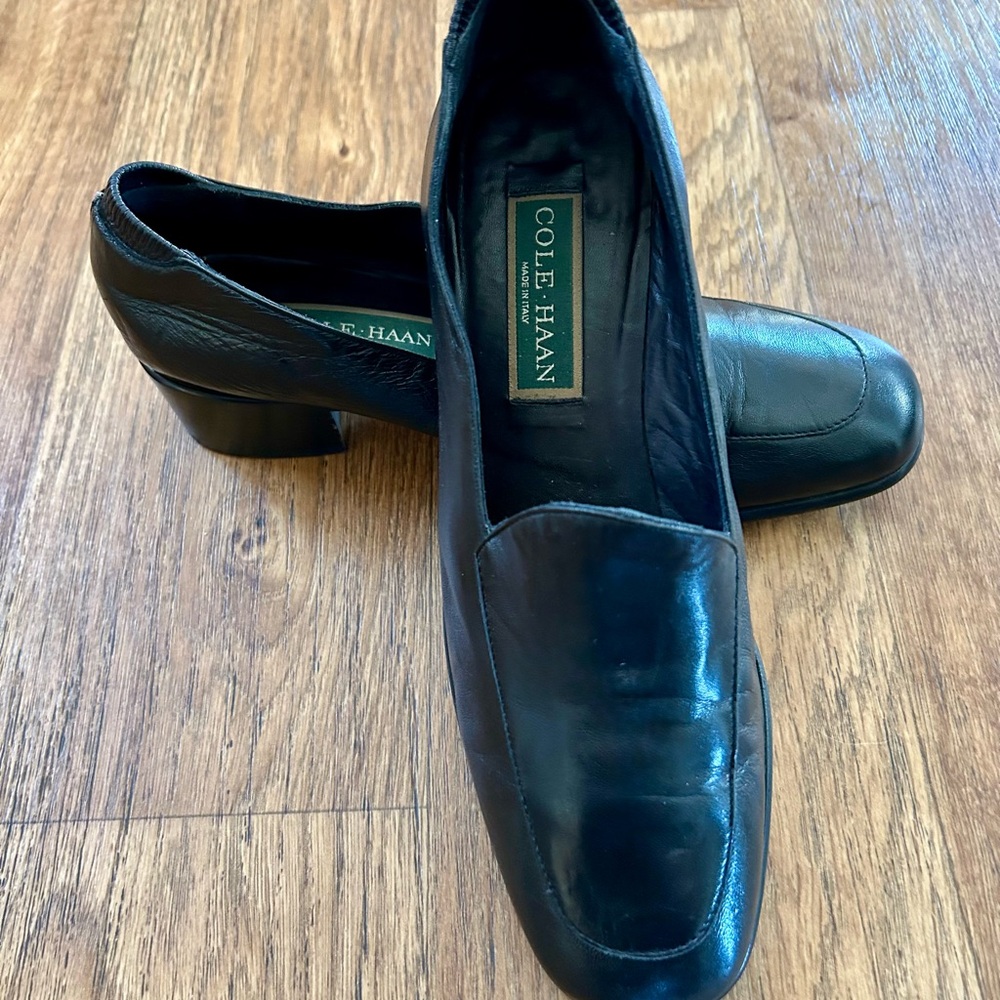Cole Haan Black Leather Block Heel Loafers